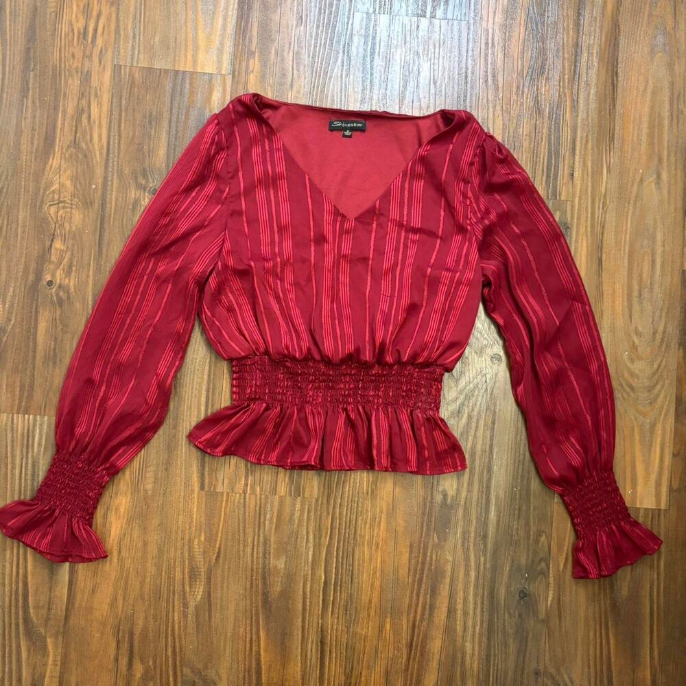 Shinestar Red Satin Peplum Striped Blouse Y2K Size Small